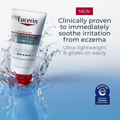 Eucerin Eczema Relief Hydrogel ingredients illustration highlights oats, ceramides, and hyaluronic acid.