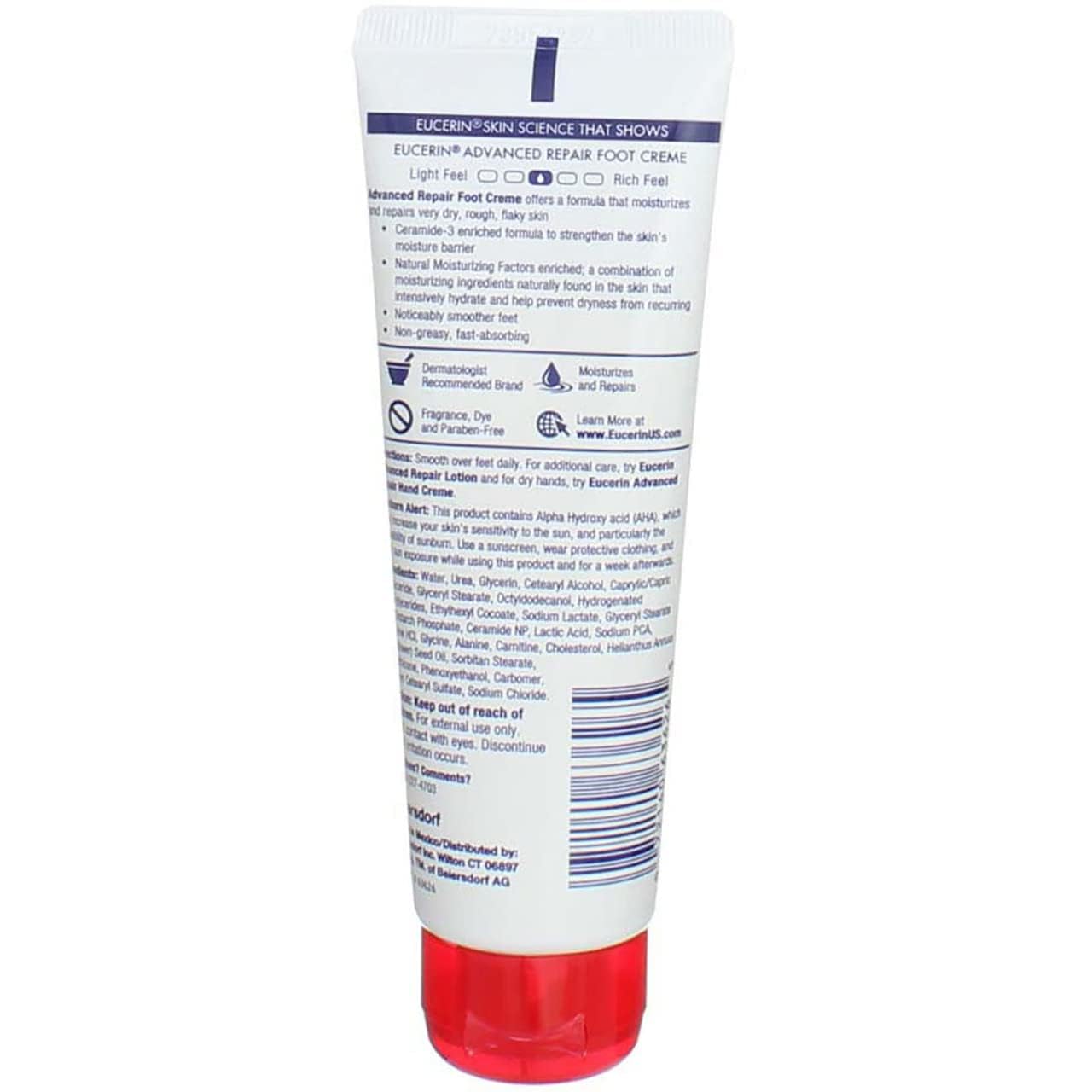Eucerin Foot Cream non-greasy absorption ideal after shower or before bed.