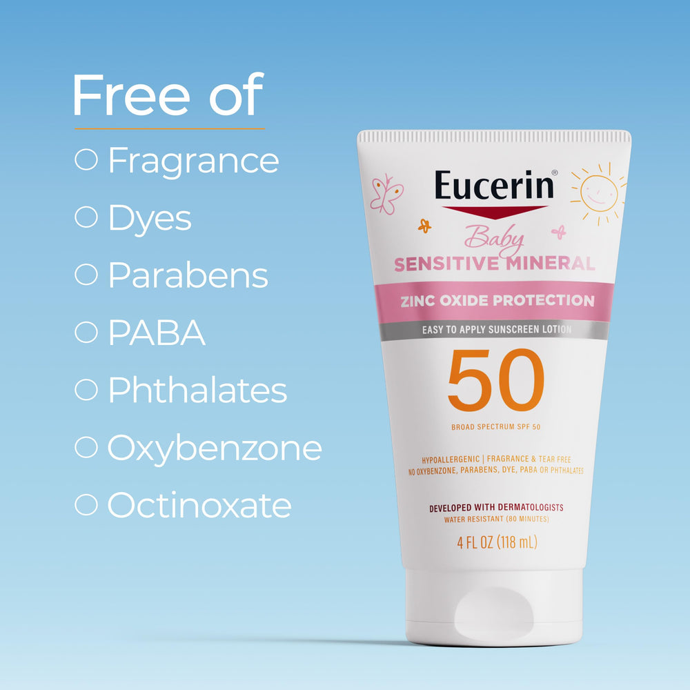 Dermatologist-tested Eucerin baby sunscreen packaging on shelf
