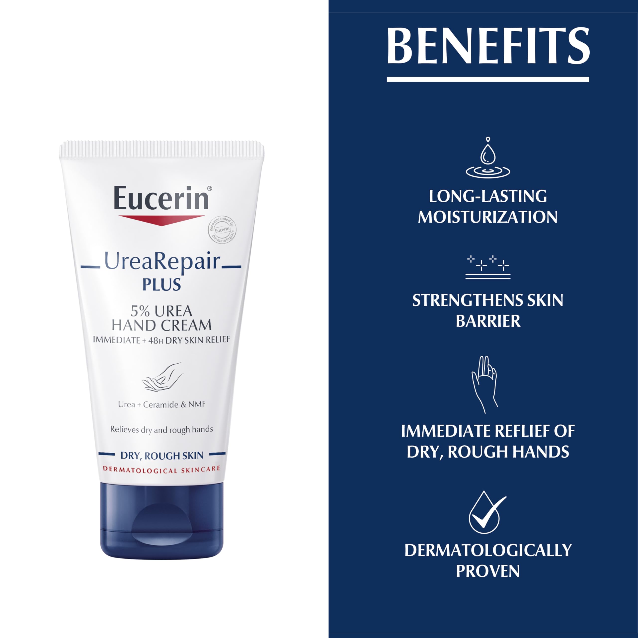 Application scene with Eucerin hand cream demonstrates quick absorption on dry hands.