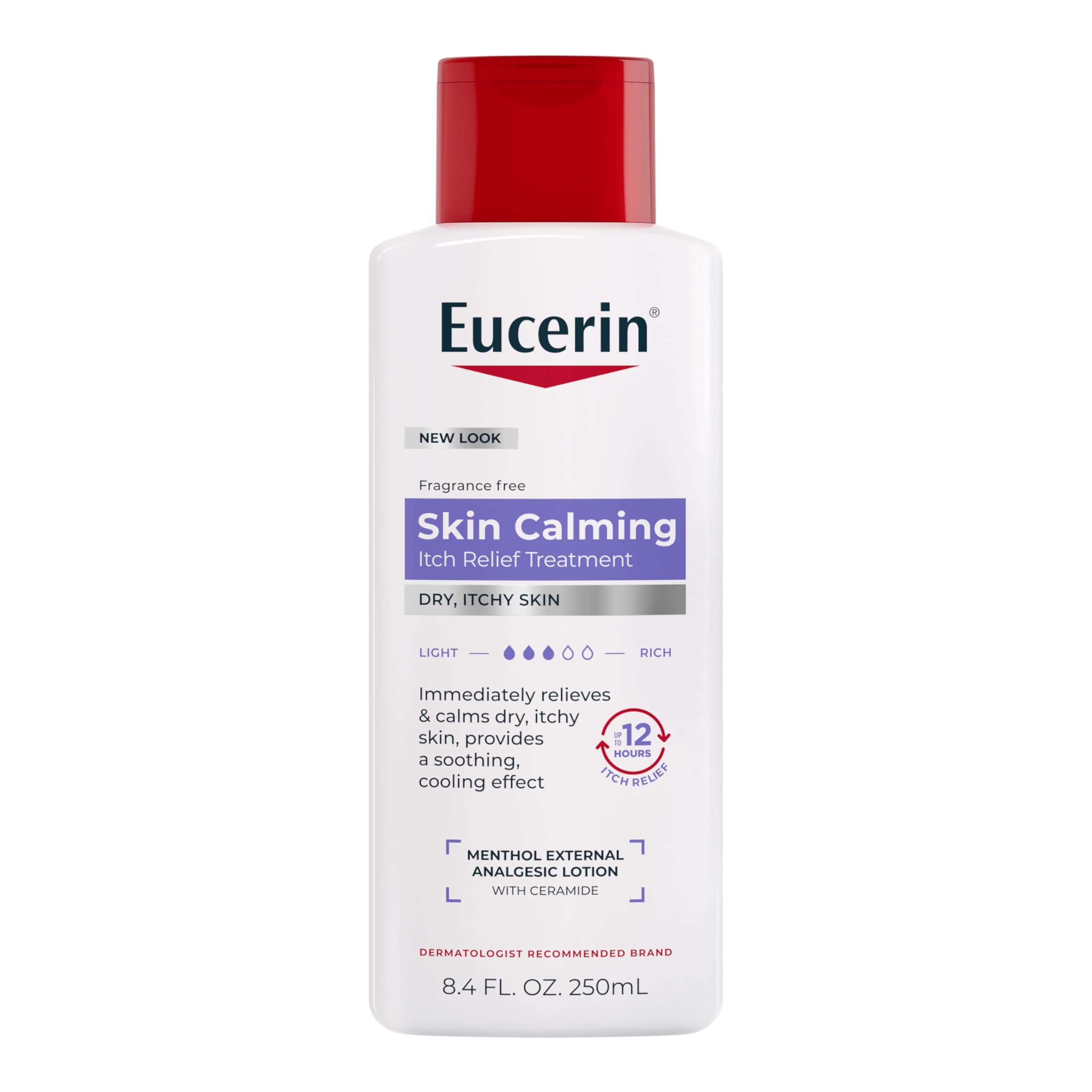 Eucerin Itch Relief Intensive Calming Lotion bottle promotes quick relief for dry skin.
