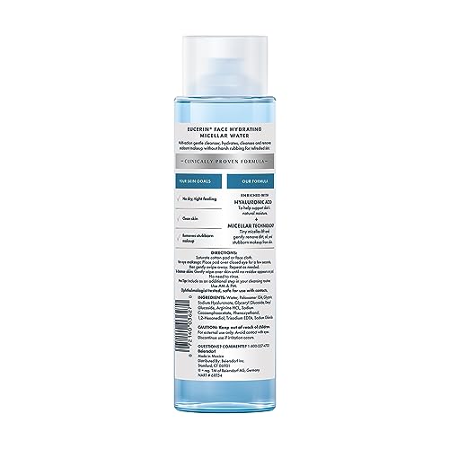 Eucerin micellar water bottle shows hyaluronic acid for hydrating cleanse