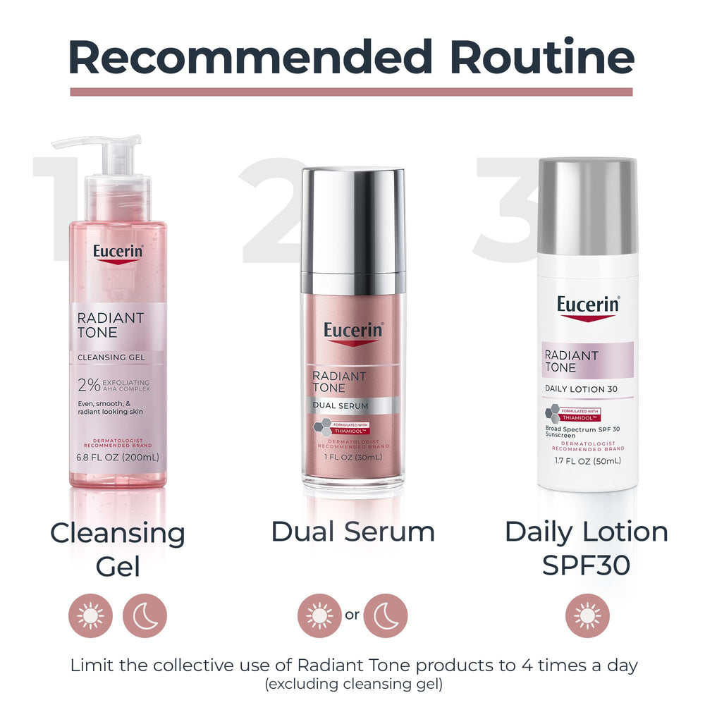 6.8 oz Eucerin Radiant Tone bottle on bathroom counter