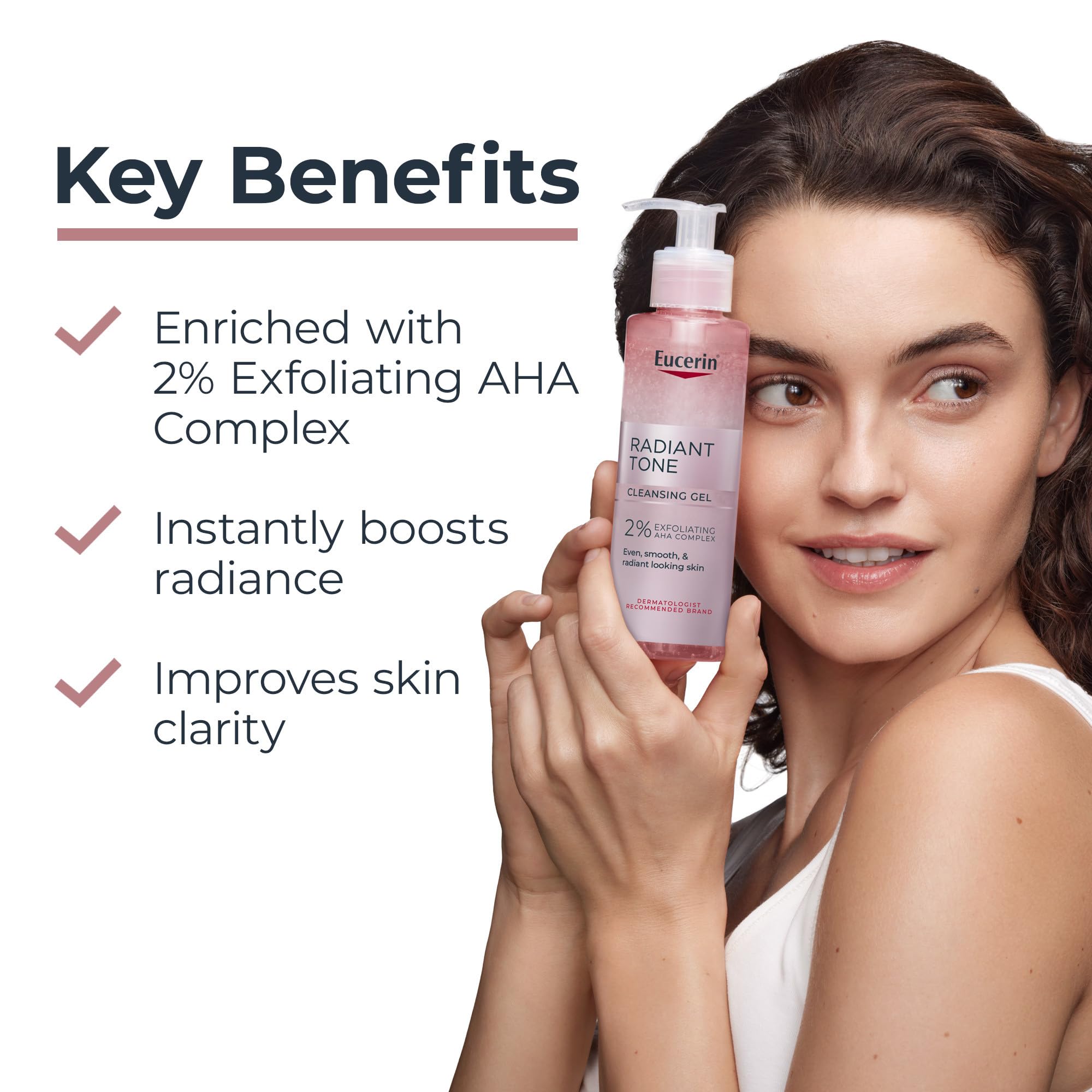 Close-up of Eucerin Radiant Tone cleanser texture showing 2% AHA for gentle exfoliation