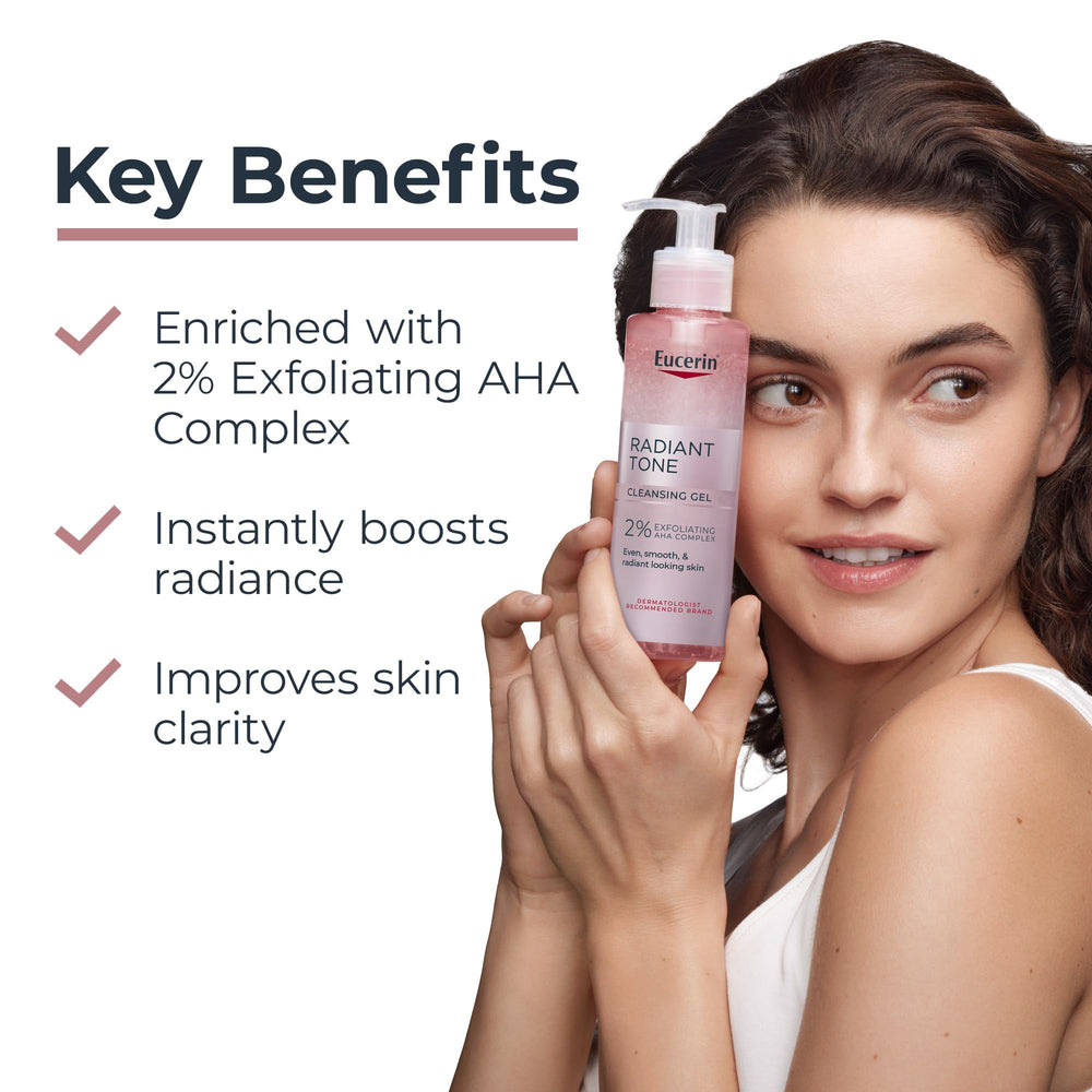 Close-up of Eucerin Radiant Tone cleanser texture showing 2% AHA for gentle exfoliation