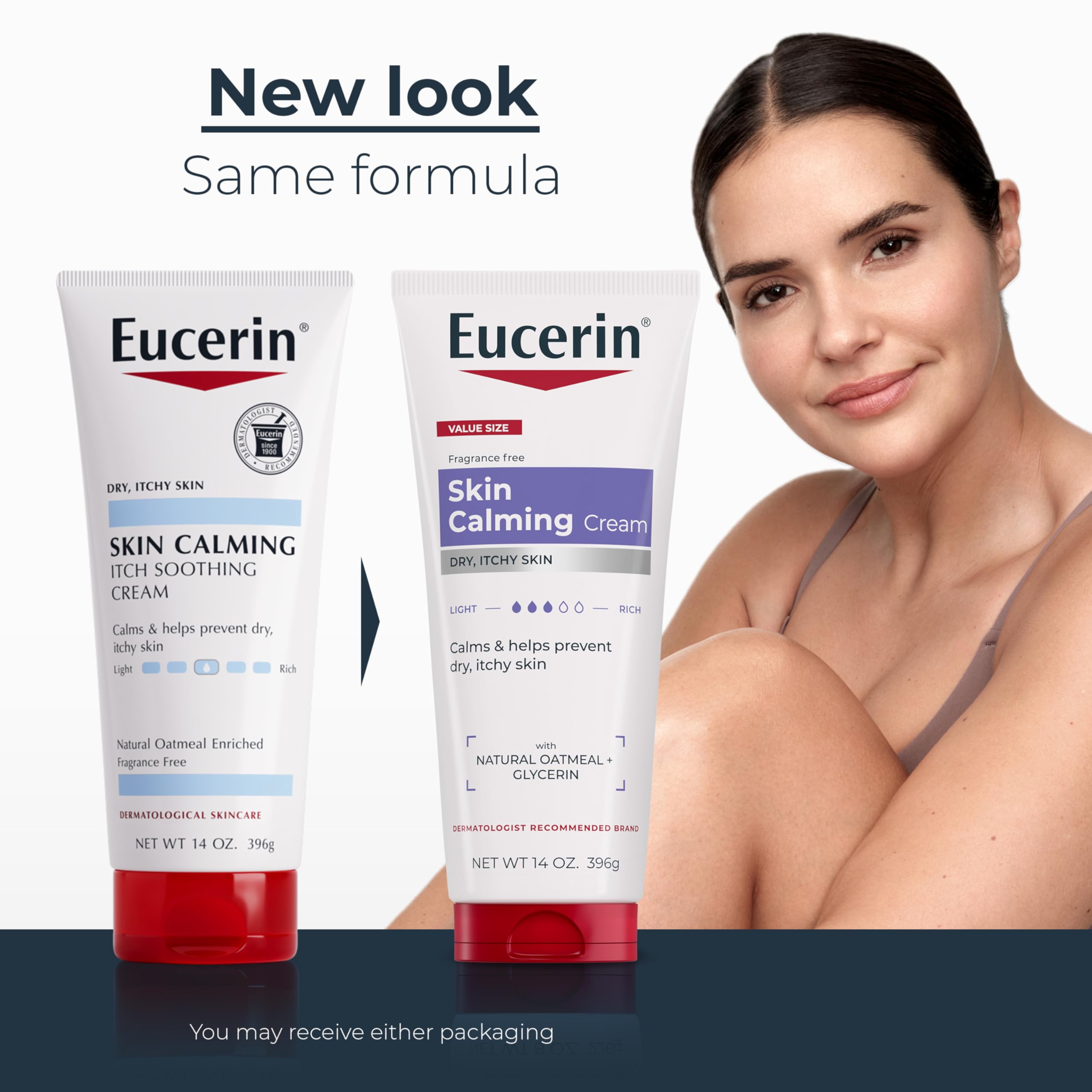 Eucerin Skin Calming Cream label close-up highlights fragrance-free formula for sensitive skin.