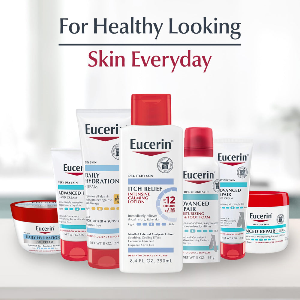 Eucerin Skin Calming Cream tube beside oats imagery communicates natural oatmeal benefits.