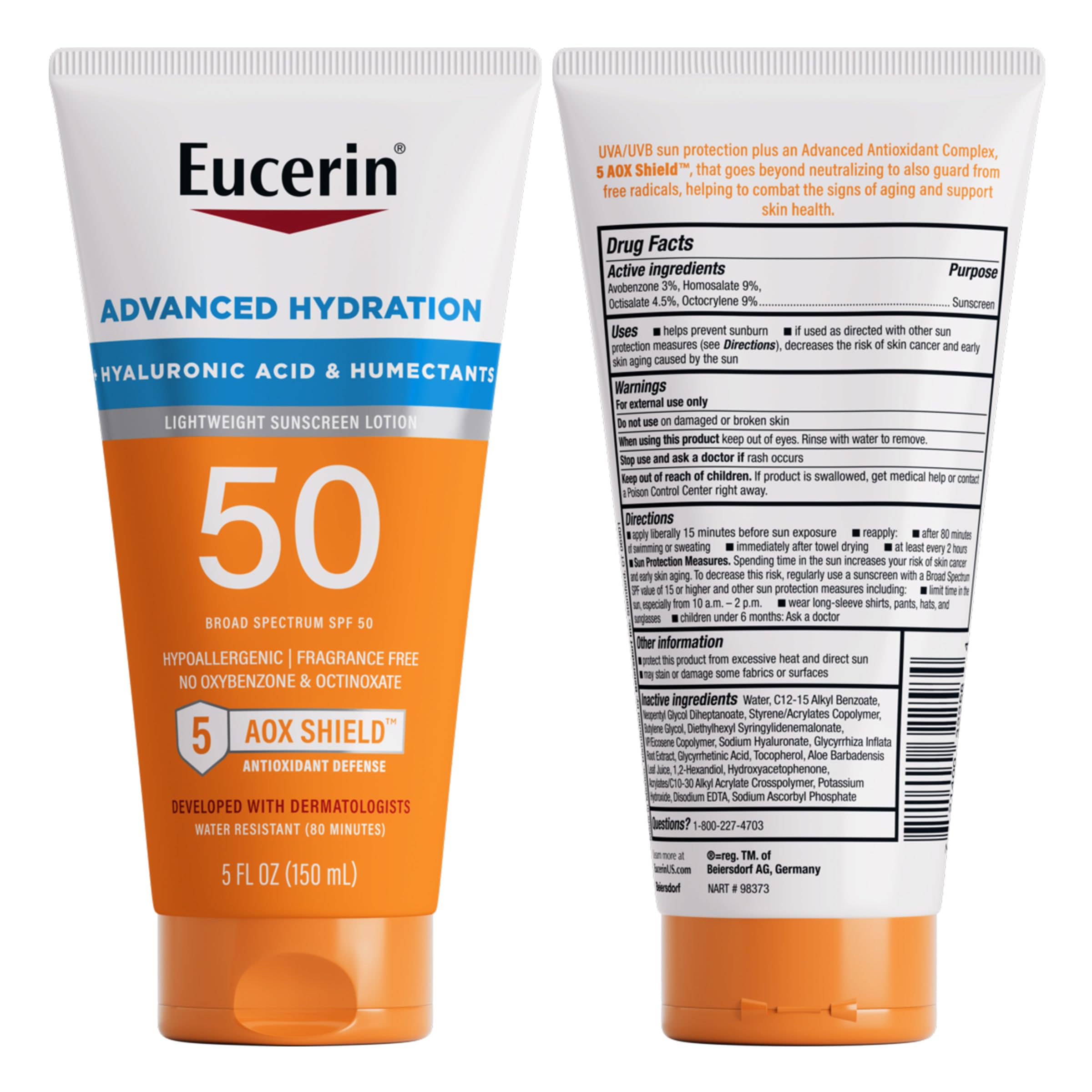 Free from oxybenzone and octinoxate statement on Eucerin Sun Advanced Hydration SPF 50