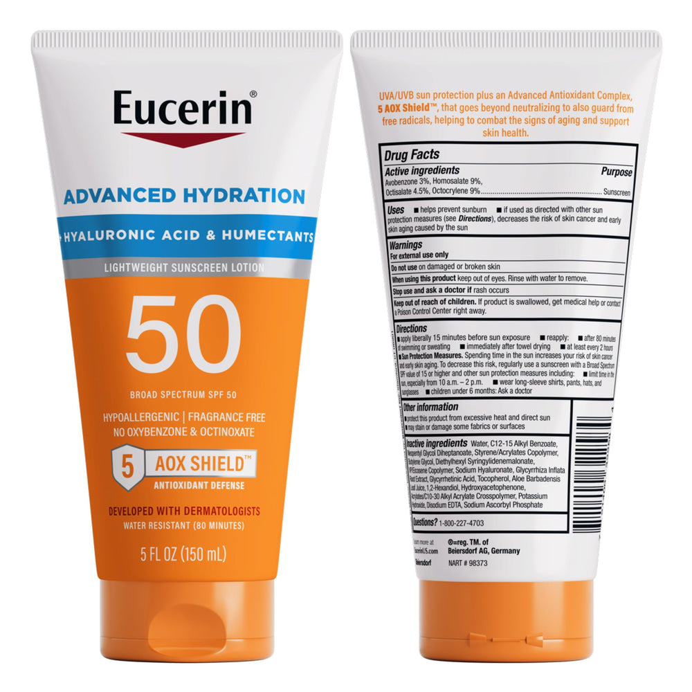 Free from oxybenzone and octinoxate statement on Eucerin Sun Advanced Hydration SPF 50