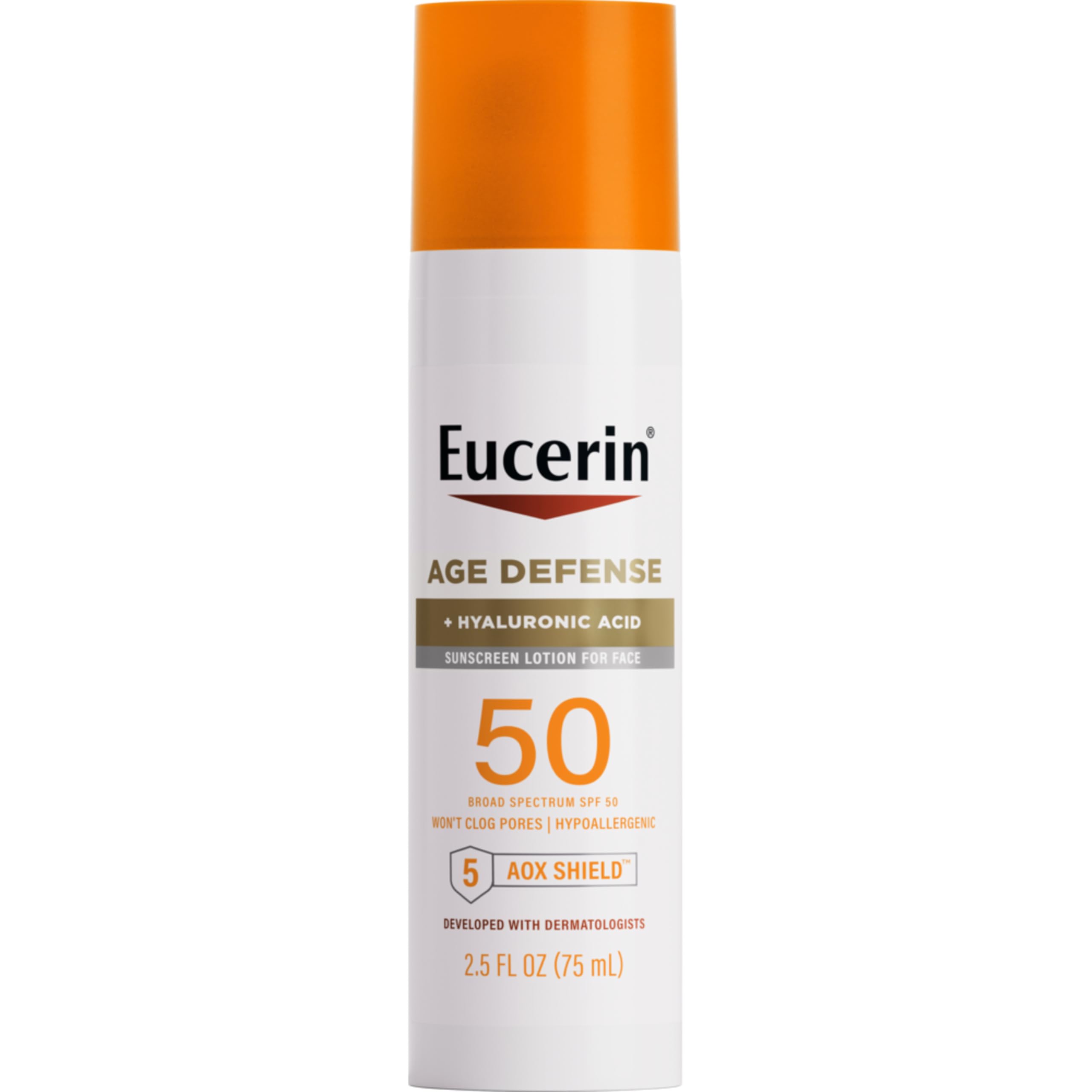 Eucerin Sun Age Defense bottle and pump for quick SPF 50 protection.