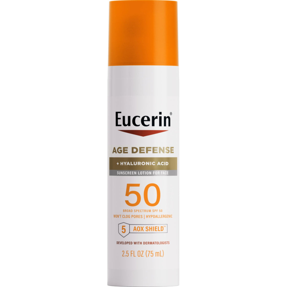 Eucerin Sun Age Defense bottle and pump for quick SPF 50 protection.