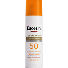 Eucerin Sun Age Defense bottle and pump for quick SPF 50 protection.