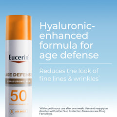Eucerin Sun Age Defense packaging box emphasizes derm-approved sunscreen for sensitive skin.