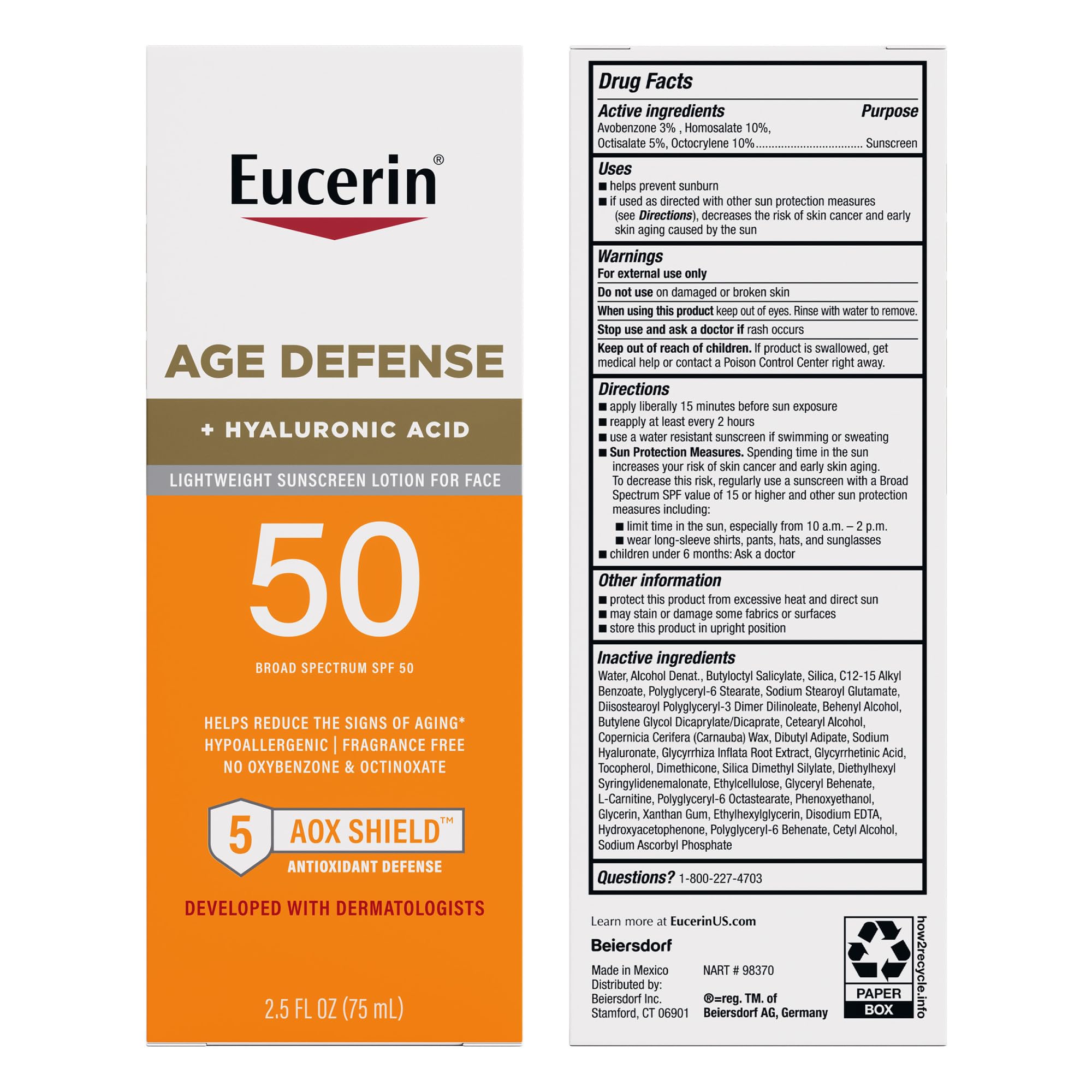 Eucerin Sun Age Defense sensitive-skin closeup highlights hypoallergenic formula.