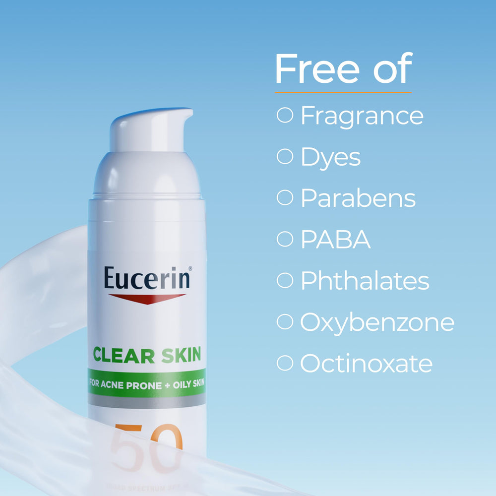 Fragrance-free Eucerin Sun Clear Skin Face Sunscreen SPF 50 suitable for sensitive skin.