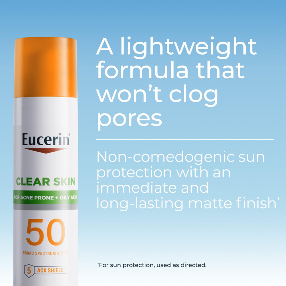 Close-up of the pump on Eucerin Sun Clear Skin Face Sunscreen SPF 50 for easy application.