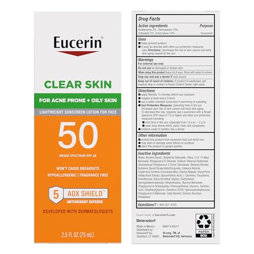 Travel-friendly Eucerin Sun Clear Skin Face Sunscreen SPF 50 for makeup-ready skin.