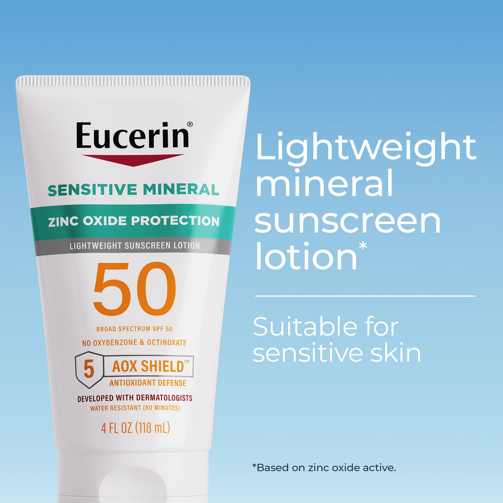 Eucerin Sun Sensitive Mineral Sunscreen Lotion on hand shows lightweight finish.