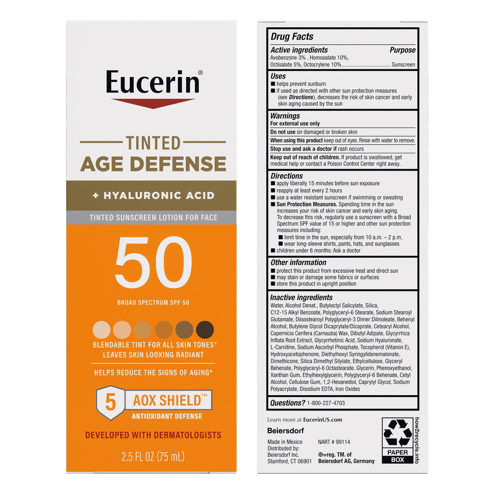 Hypoallergenic label on Eucerin Sun Tinted Age Defense bottle.