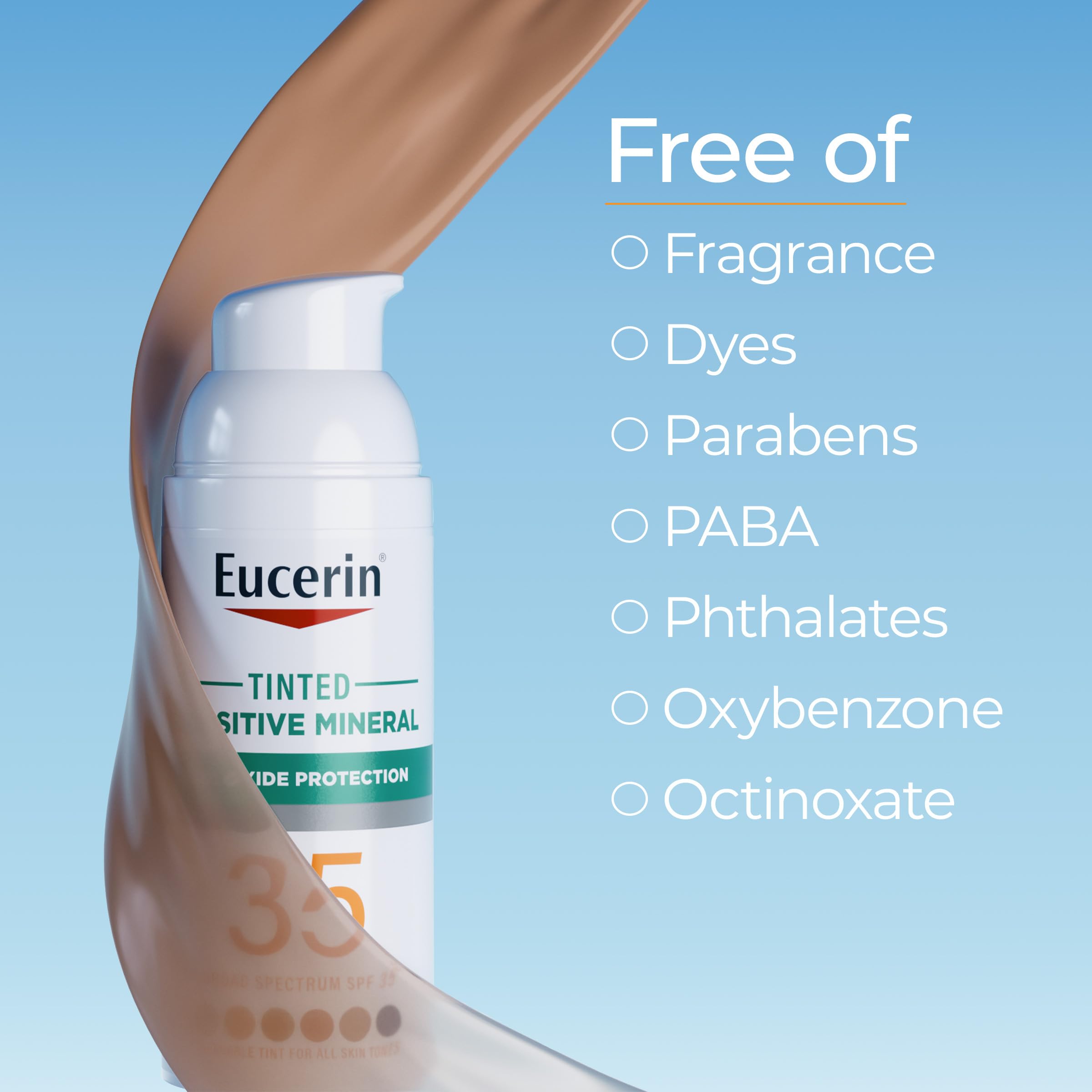 Eucerin tinted sunscreen on skin with a sheer, matte finish blending into tones.