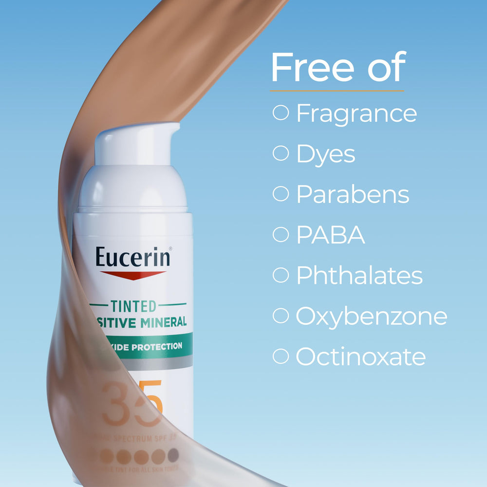 Eucerin tinted sunscreen on skin with a sheer, matte finish blending into tones.
