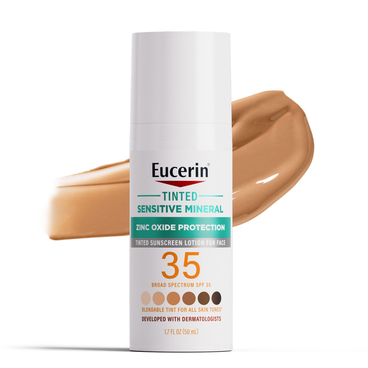 Eucerin Sun Tinted Mineral Face Sunscreen Lotion SPF 35 bottle front, sheer protection for daily wear.