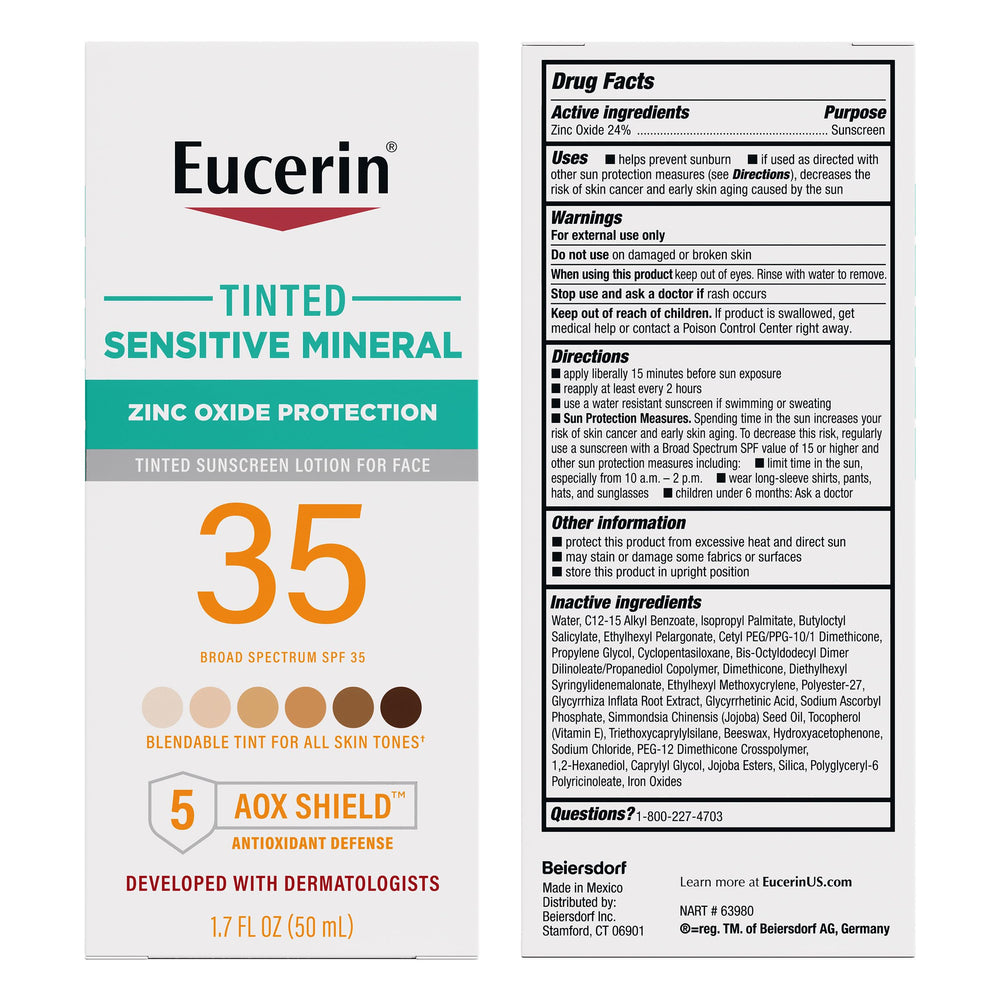 Eucerin sunscreen shown for under makeup use and compatibility.