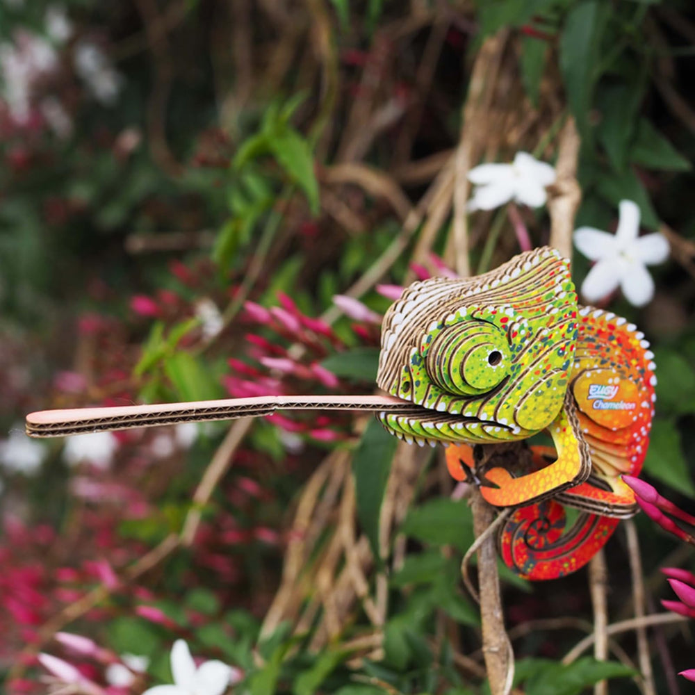 Finished EUGY Chameleon puzzle displayed on a shelf.