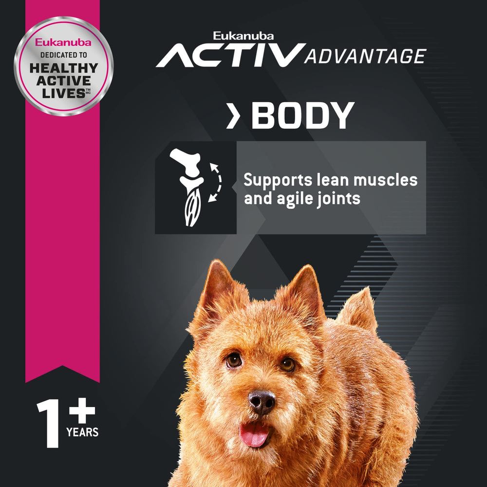 Back label reveals ingredients and nutrition details for small breeds.