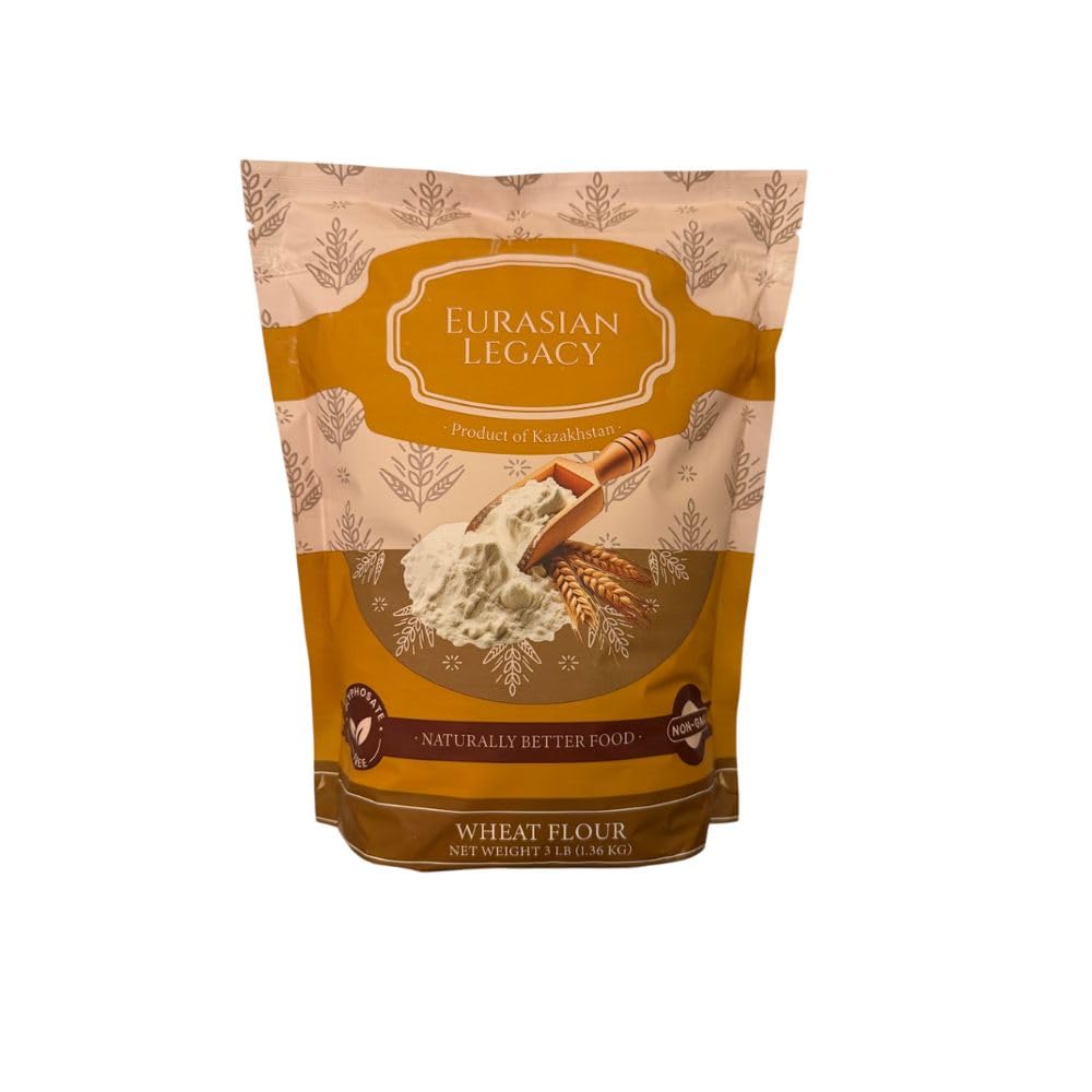 Eurasian Legacy flour bag showcasing non-GMO, glyphosate-free flour for home baking.