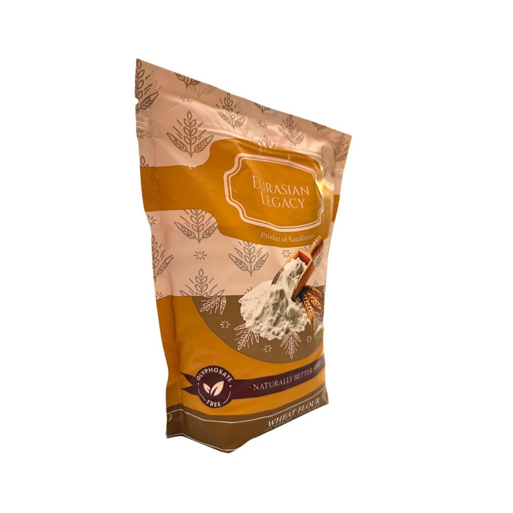 3 lb stand-up pouch of Eurasian Legacy flour for easy kitchen storage.