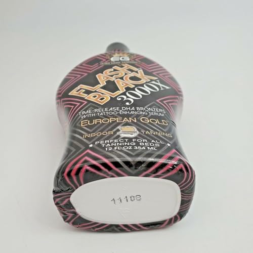 Creamy European Gold Flash Black 3000X lotion spread evenly for a smooth bronze finish.