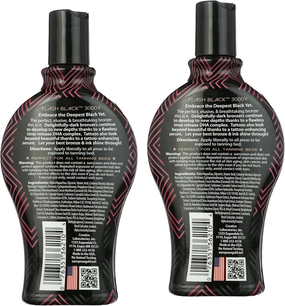 12 oz European Gold Flash Black 3000X packaging for at-home tanning routines.