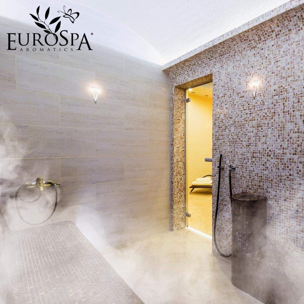 EuroSpa Aromatics Pure Eucalyptus Oil ShowerMist label detail emphasizing 100% pure oil.