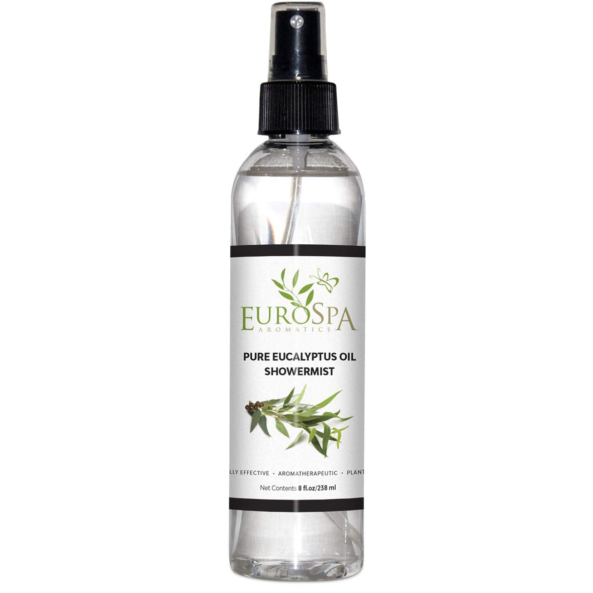 EuroSpa Aromatics Pure Eucalyptus Oil ShowerMist bottle for a refreshing home spa ritual.