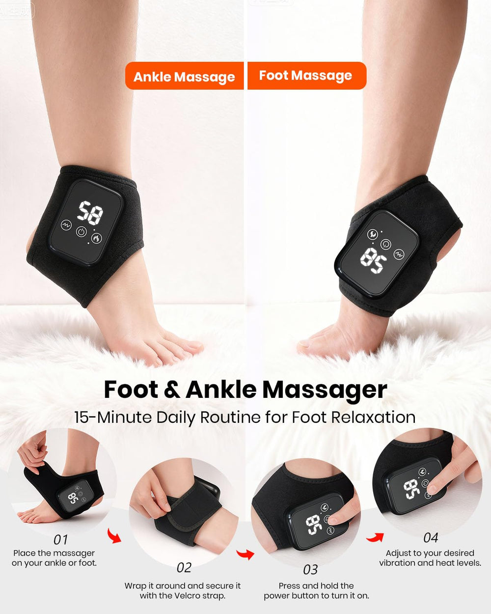 EURPMASK Foot Renew Massager around the ankle for daily relief and wrap fit.