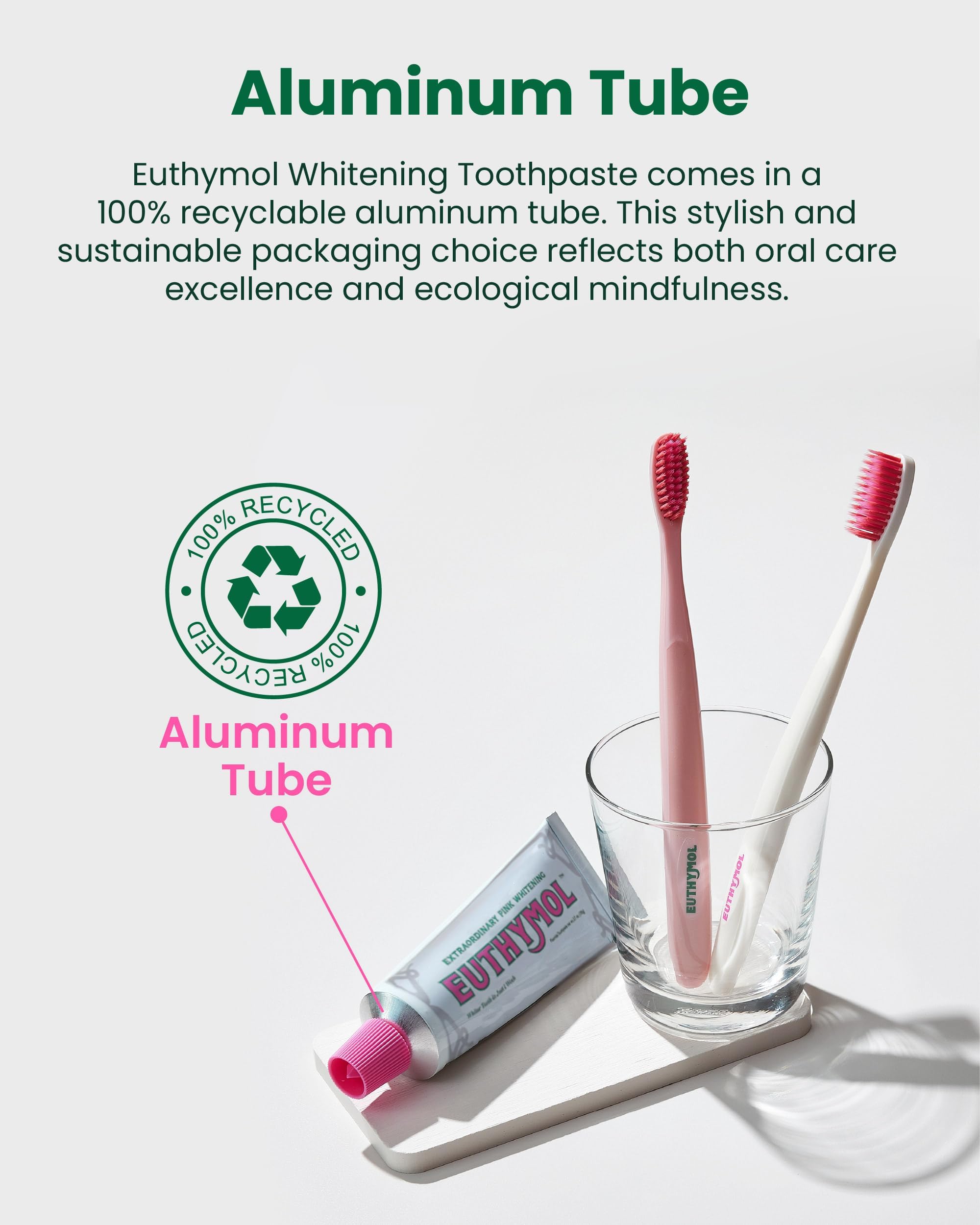 Euthymol aluminum tube recyclable symbol highlights eco packaging.