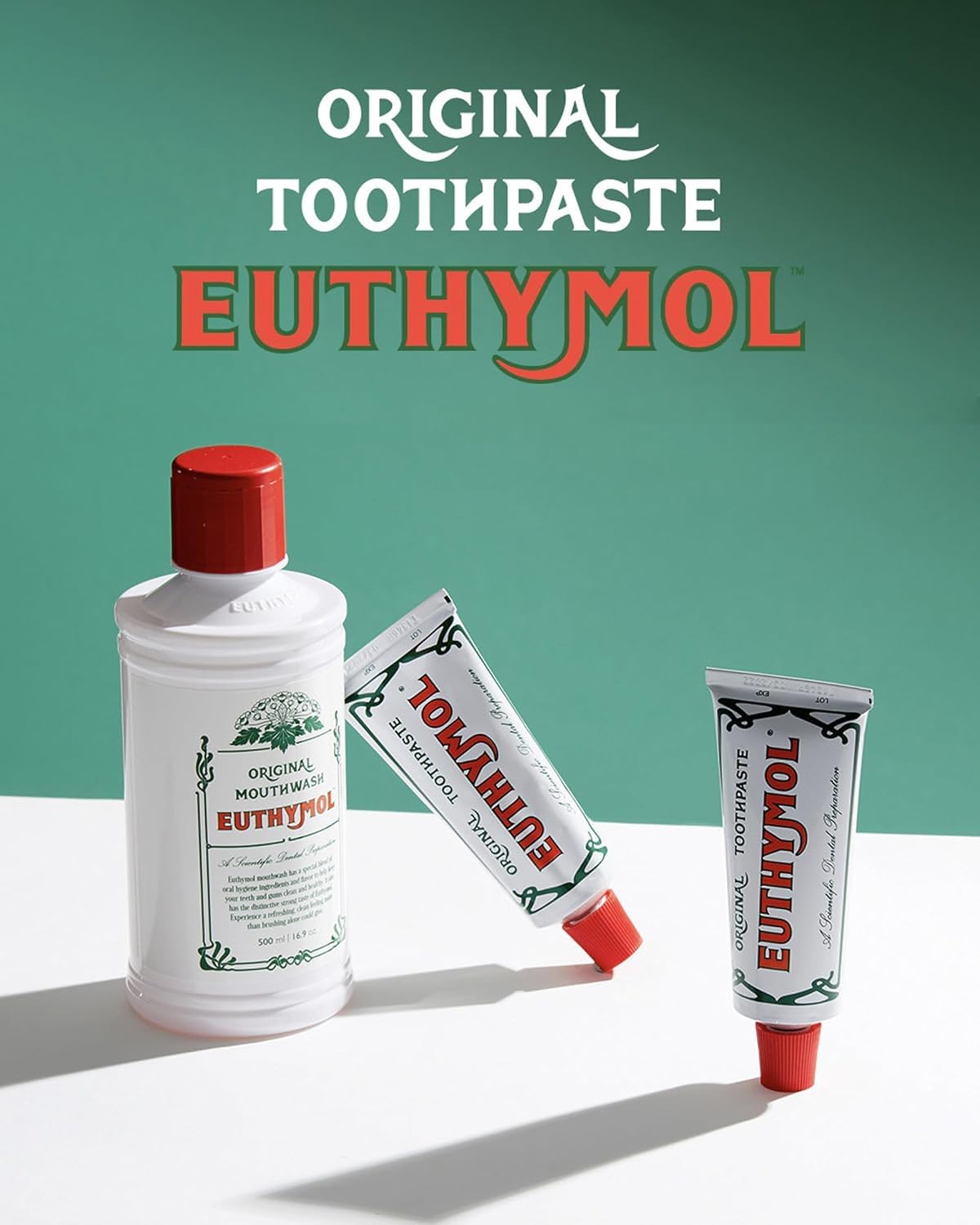 EUTHYMOL Original Pink toothpaste tube pour on clean display for usability.