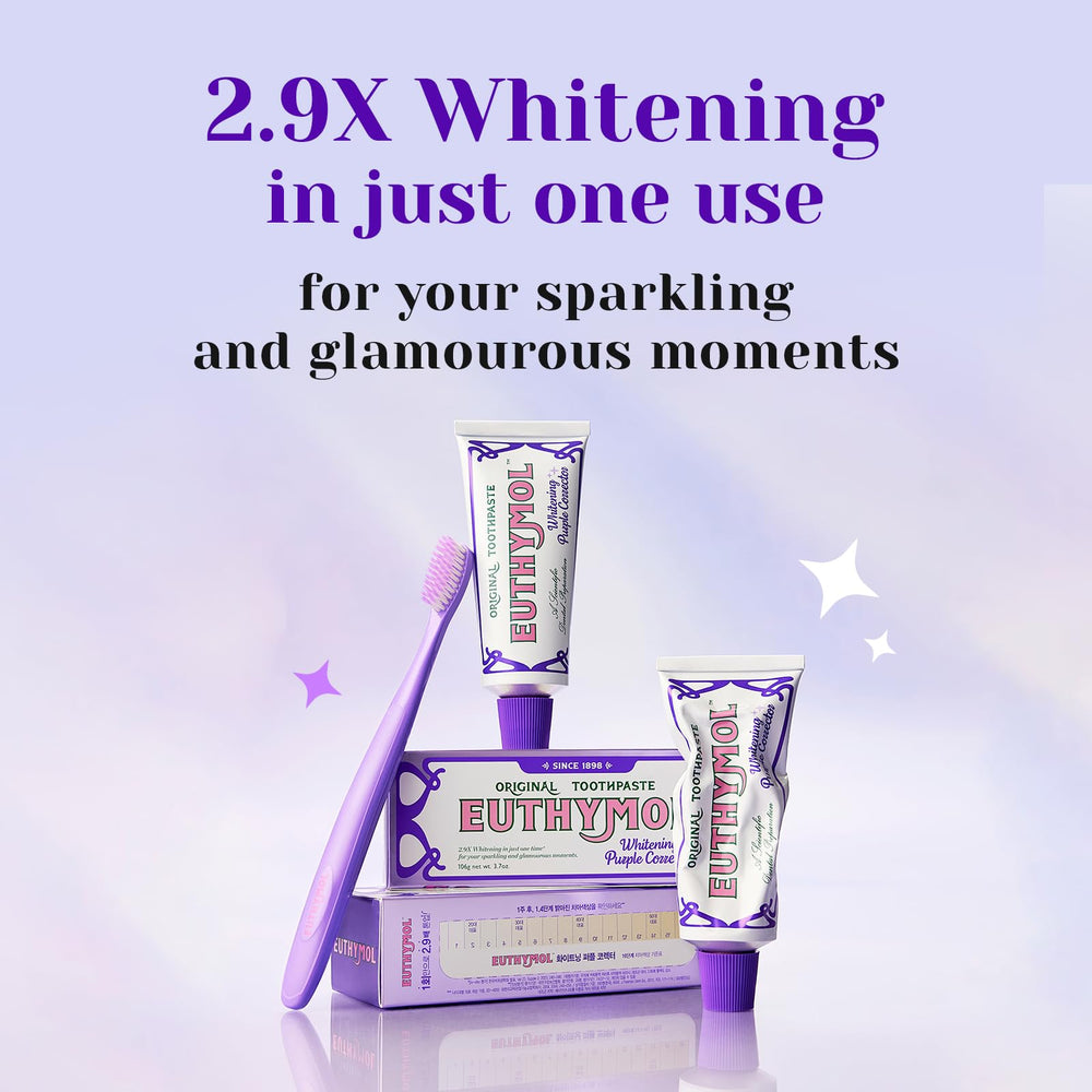 Euthymol Purple Whitening Toothpaste heritage label highlights trusted British care since 1898.