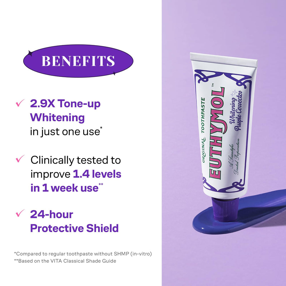 Mint freshness from Euthymol Purple Whitening Toothpaste for long-lasting breath.