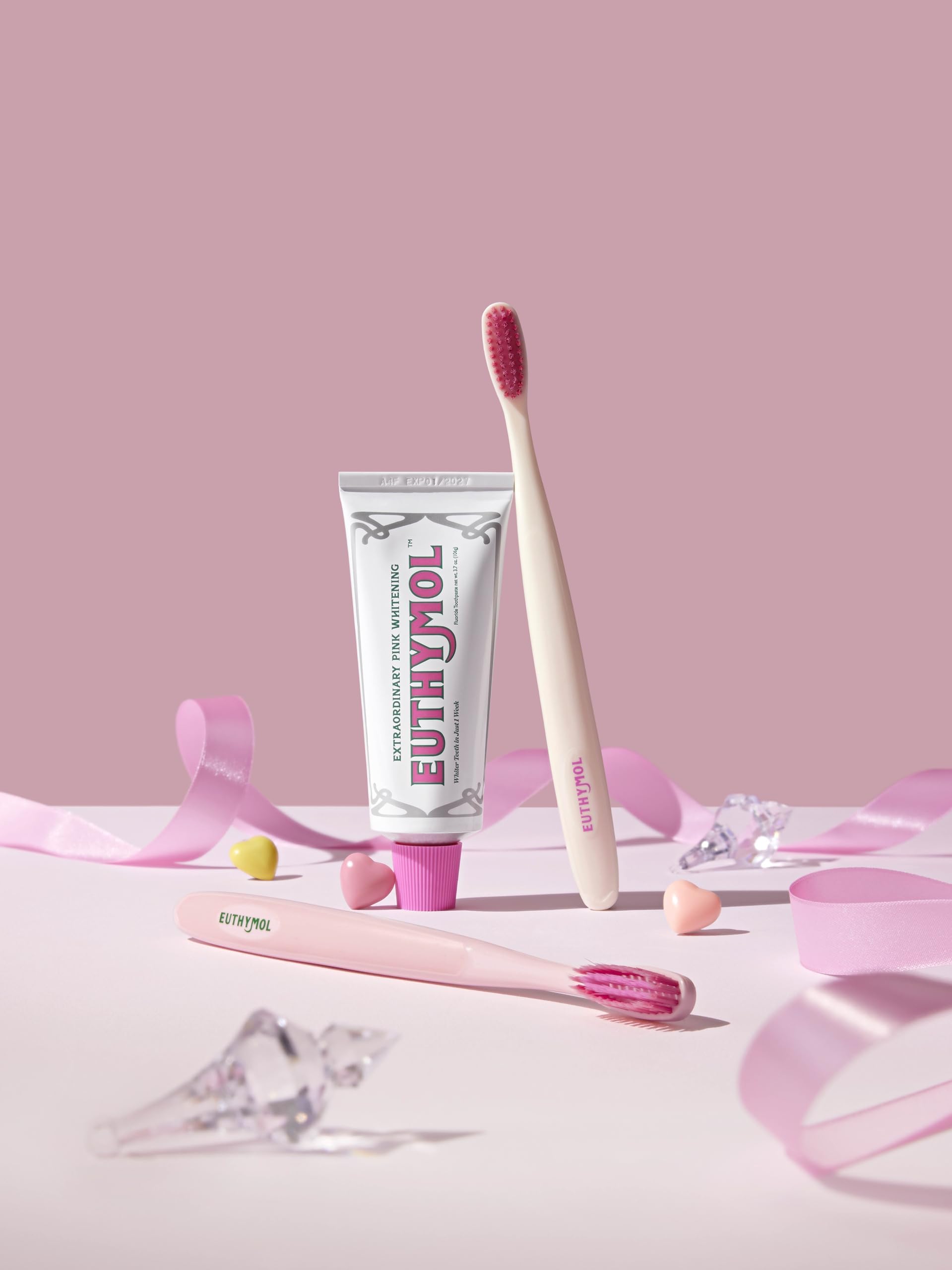 Euthymol toothpaste on sink with fresh-breath concept.