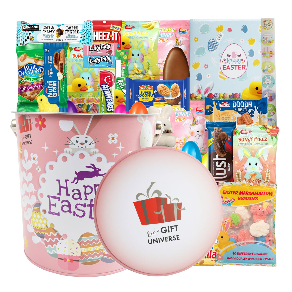 Eva's Gift Universe Easter snack tin with 44-count assortment, ideal for gifting