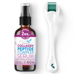 Eva Naturals Peptides Serum bottle front view, boosting hydration and glow for daily use.
