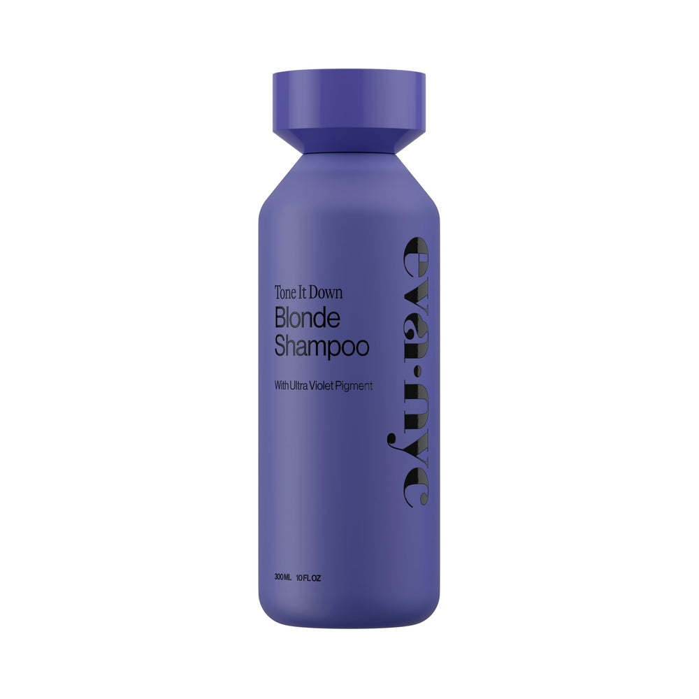 Eva NYC Tone It Down Purple Shampoo bottle showing anti-brass formula and ginger rose scent