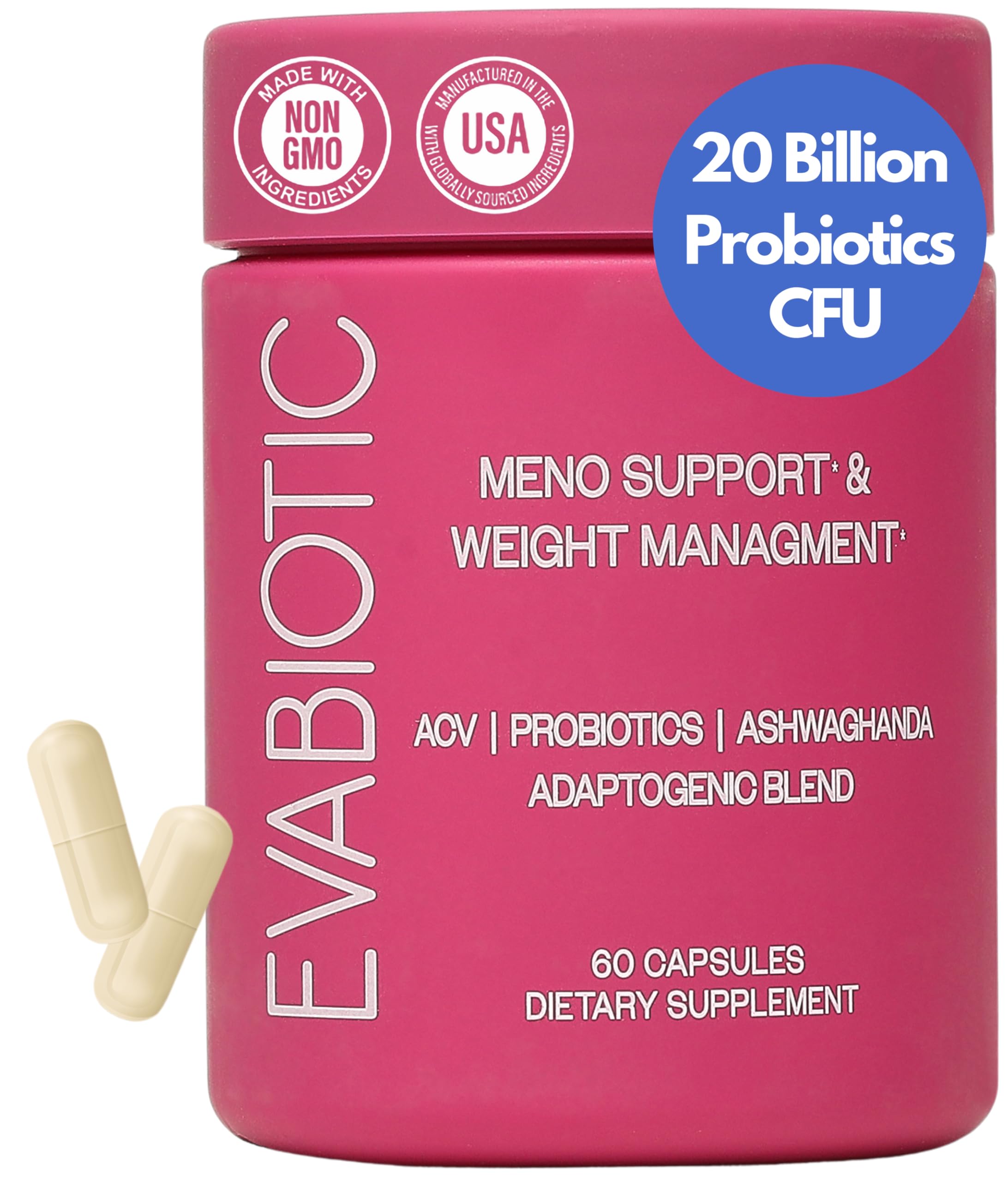 EVABIOTIC Complete menopause bottle front; vegan capsules designed for symptom support.