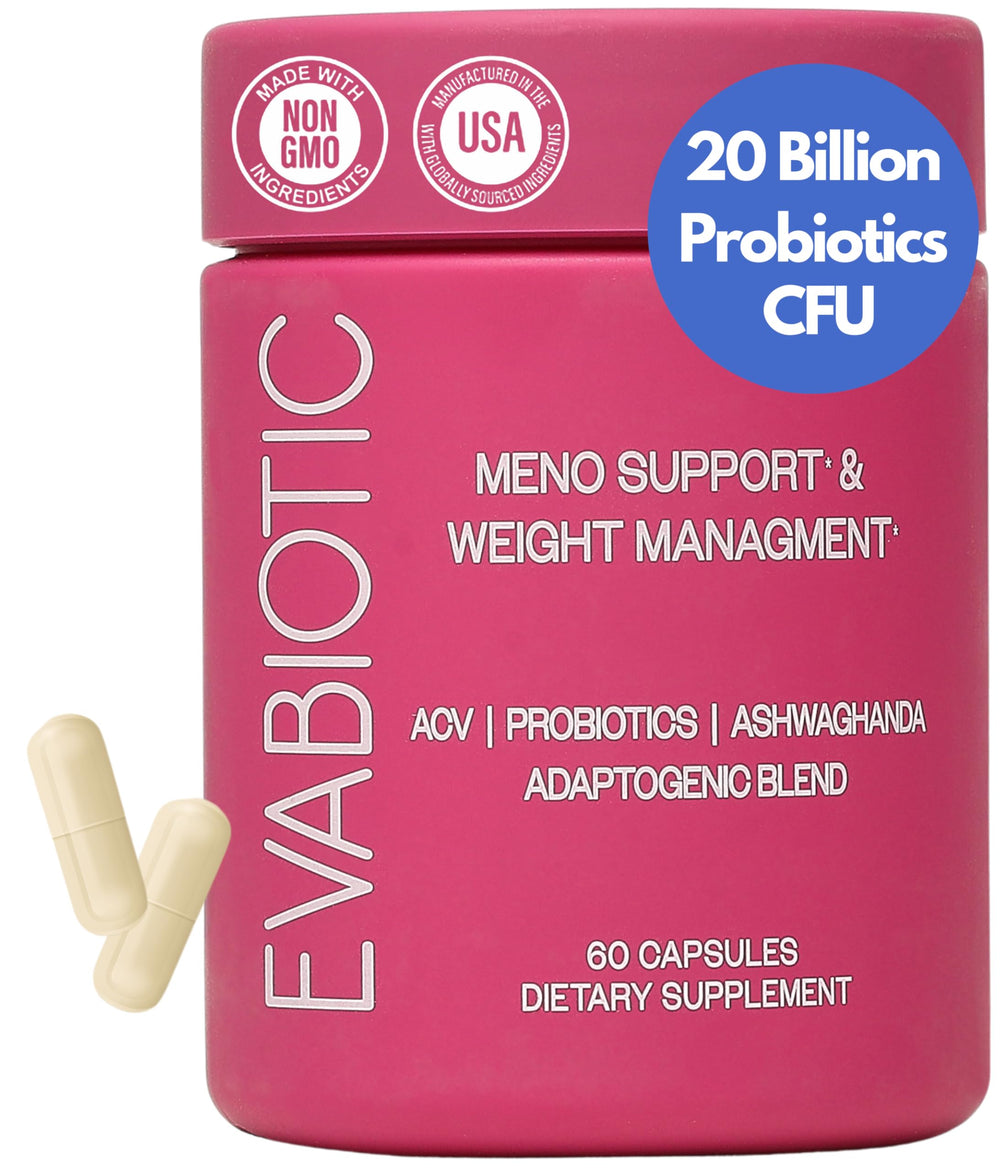 EVABIOTIC Complete menopause bottle front; vegan capsules designed for symptom support.