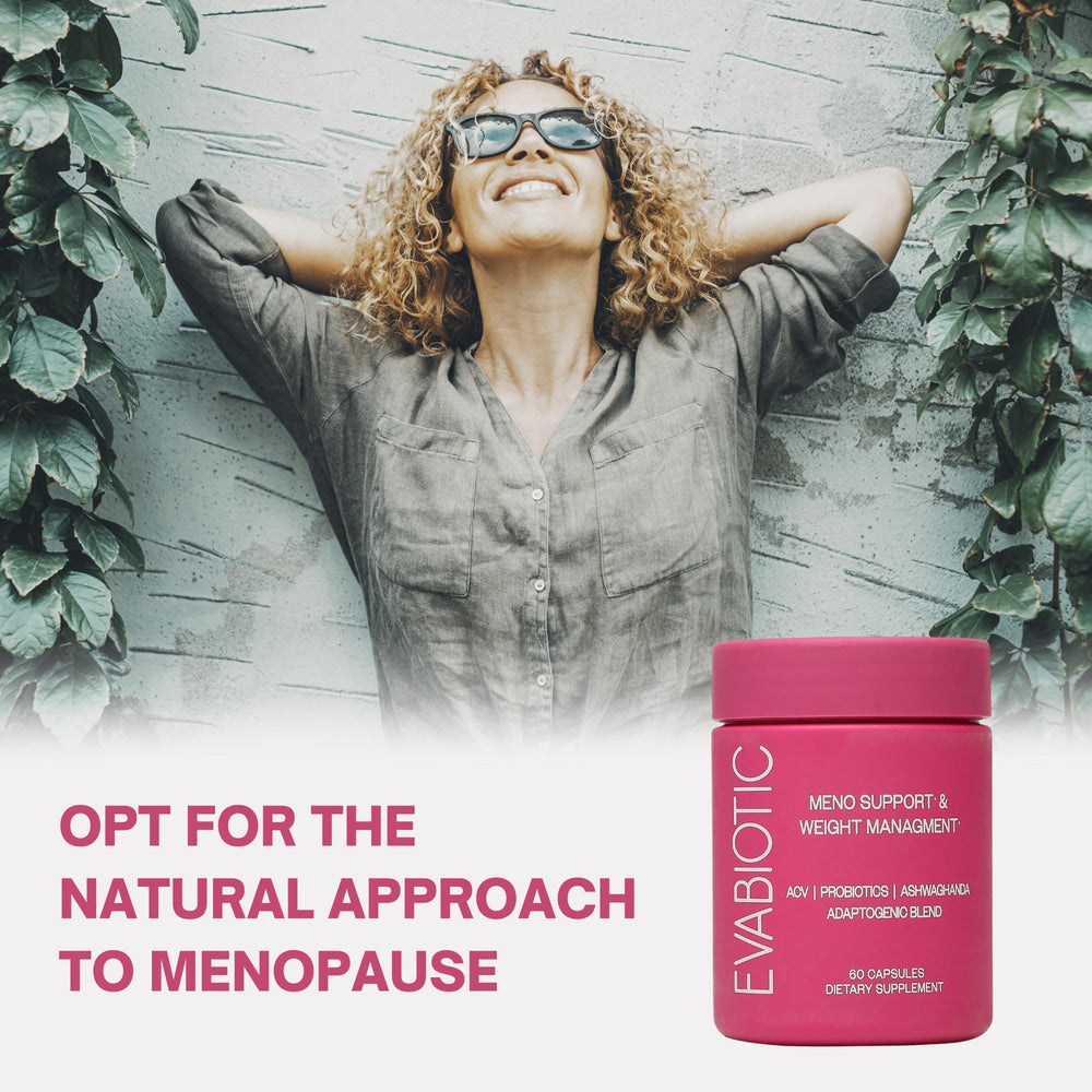 EVABIOTIC Complete menopause capsules closeup; easy-to-swallow daily capsules for balance.
