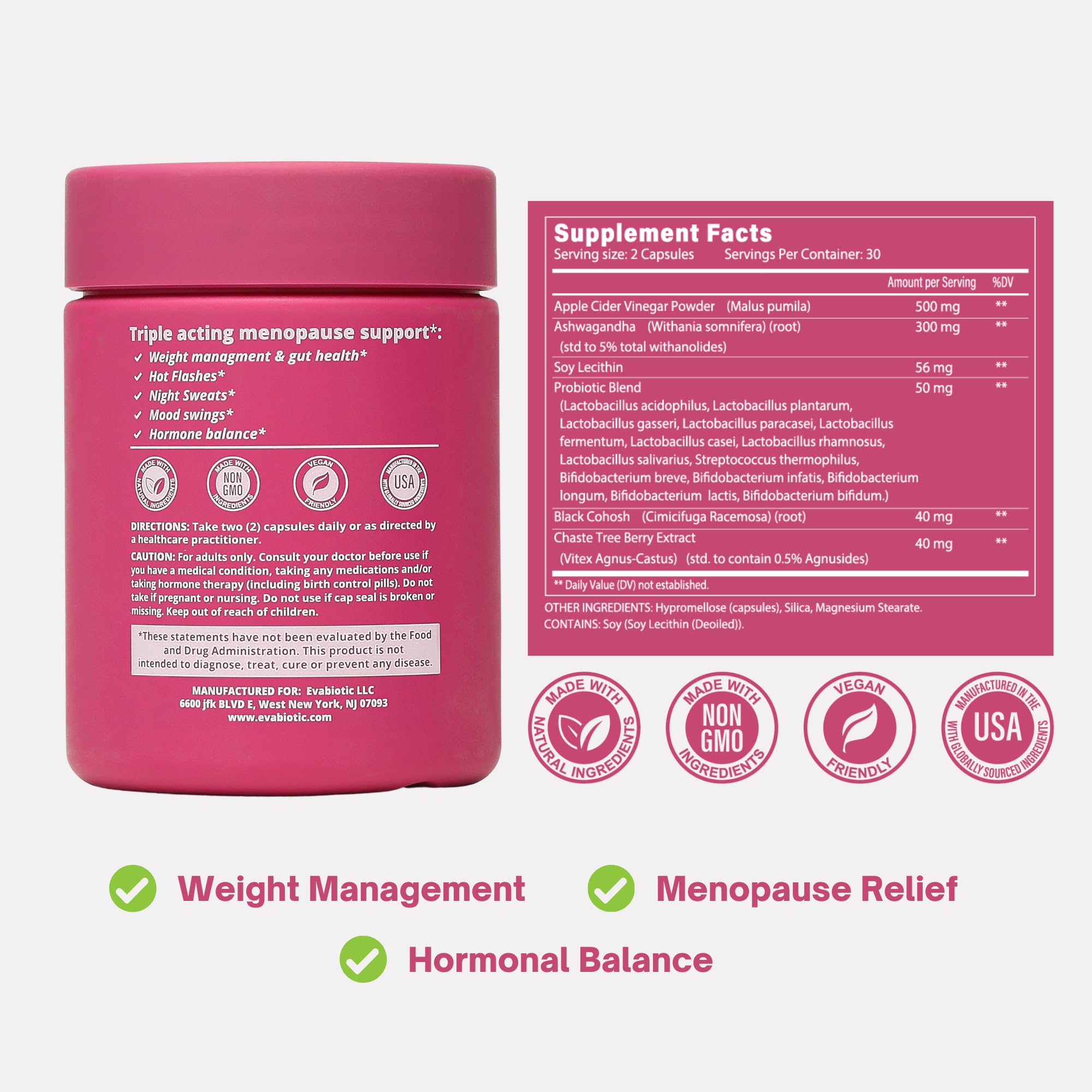 EVABIOTIC Complete menopause digestive health; probiotic and ACV synergy for bloating relief.