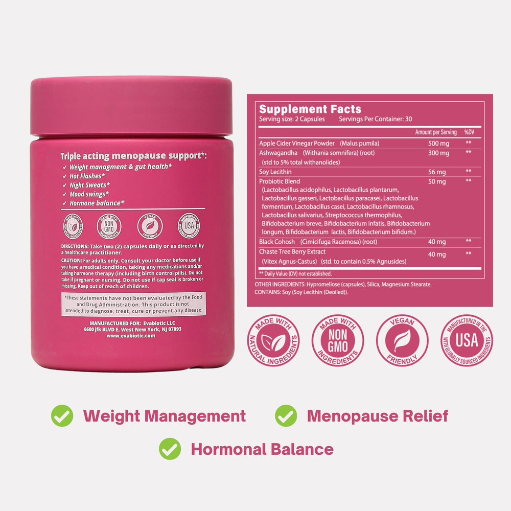 EVABIOTIC Complete menopause digestive health; probiotic and ACV synergy for bloating relief.