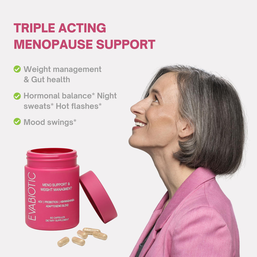 EVABIOTIC Complete menopause label detail; vegan, non-GMO formulation clarity.